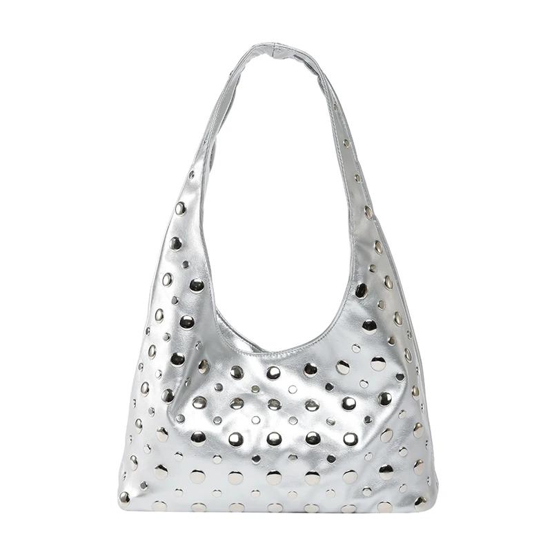 Fashion Glossy PU Rivets Unique Design Sweet Tote Bags Personality Popularity Commute Sense of Luxury Shoulder Bags for Women