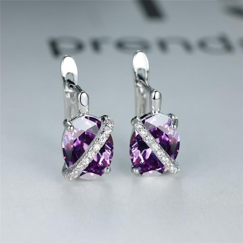 Cute Female Big Oval Stone Earrings Luxury Crystal Blue Purple Hoop Earrings Rose Gold Silver Color Wedding Earrings For Women
