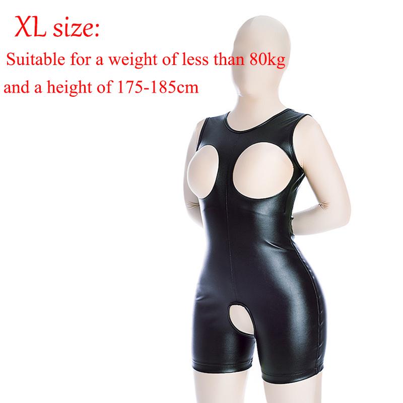 Erotická hračka Bdsm Sexy kožené kombinéza Oblek na zavazování s odhalenými prsy Sm Bondmage Slave Cosplay Sexuální hračka pro ženy