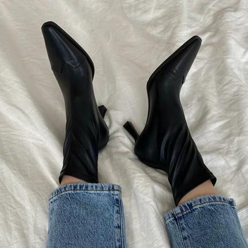 Women High Heels Snow Ankle Boots Leather Pointed Toe Shoes  New Brand Winter Stilettos Zippers Chelsea Pumps Botas Mujer