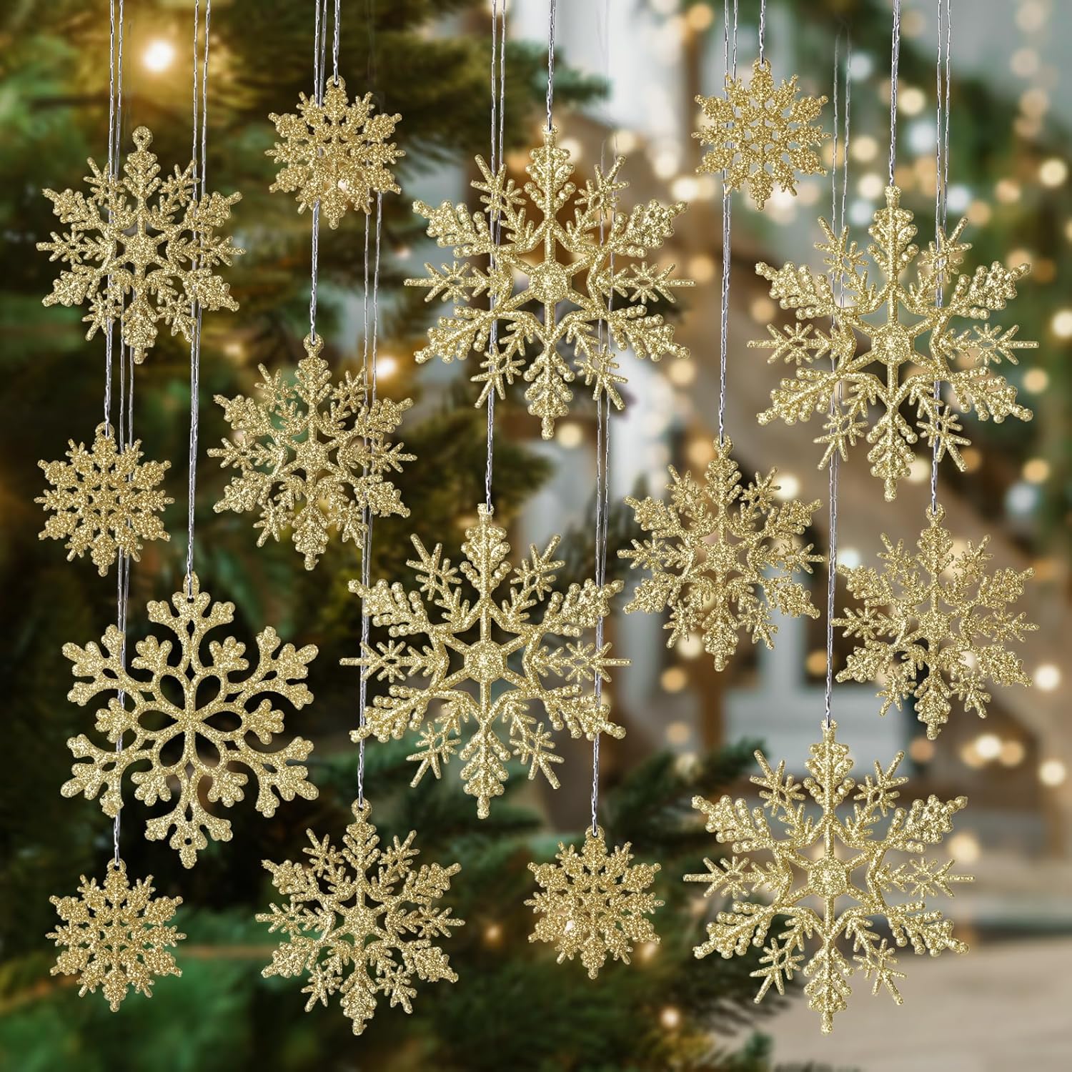 36 шт. Белые снежинки для украшения рождественской елки, пластиковые блестящие снежинки, снежинки рождественские украшения для елки золотой