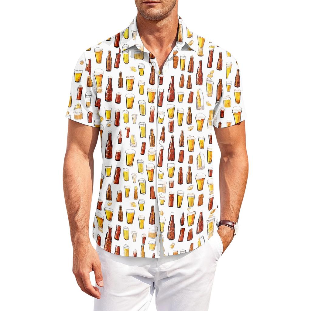 Men's Casual Loose Fit Short Sleeve Button Down Shirt Beer Festival Print Lightweight Breathable Fabric Summer Style