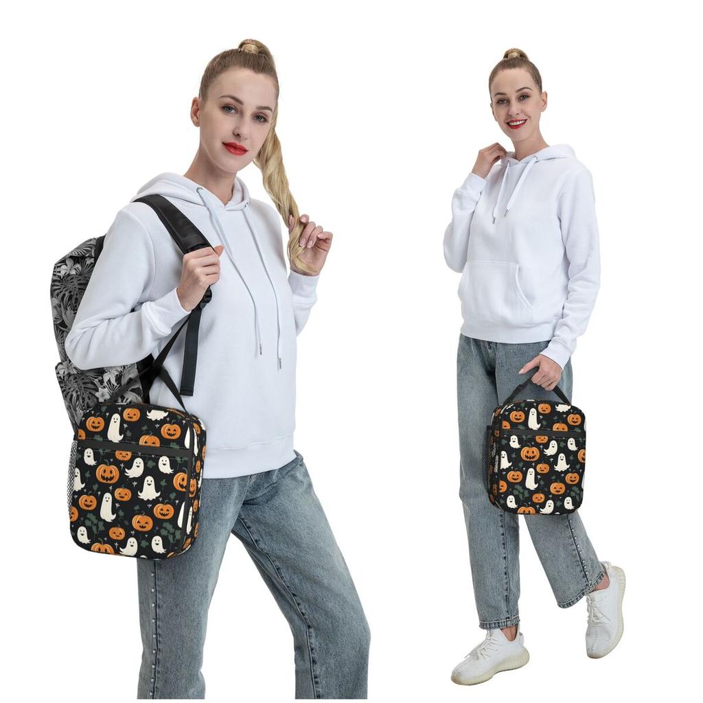 Pumpkin And Ghost Halloween Pattern Insulated Lunch Bag for Women Kids Portable Food Boxes Thermal Lunch Box Tote