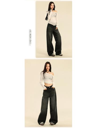 Women's High-Waist Black & Gray Wide-Leg Jeans - Autumn 2024