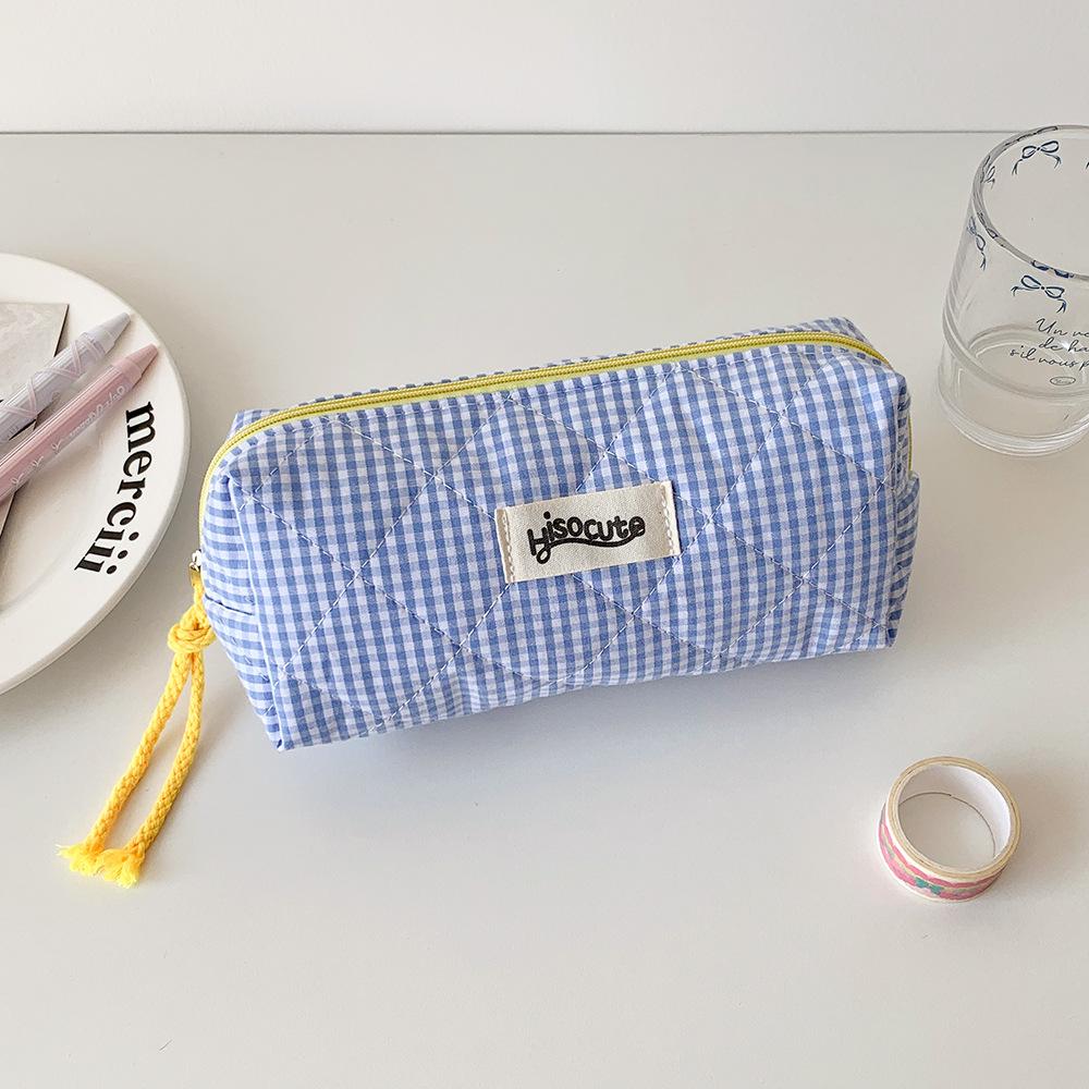 

Student Color Blocking Checkered Pencil Case Girls Stationery Bag Makeup Brush Holder Makeup Bag Women Cosmetic Bag Coin Purse синий