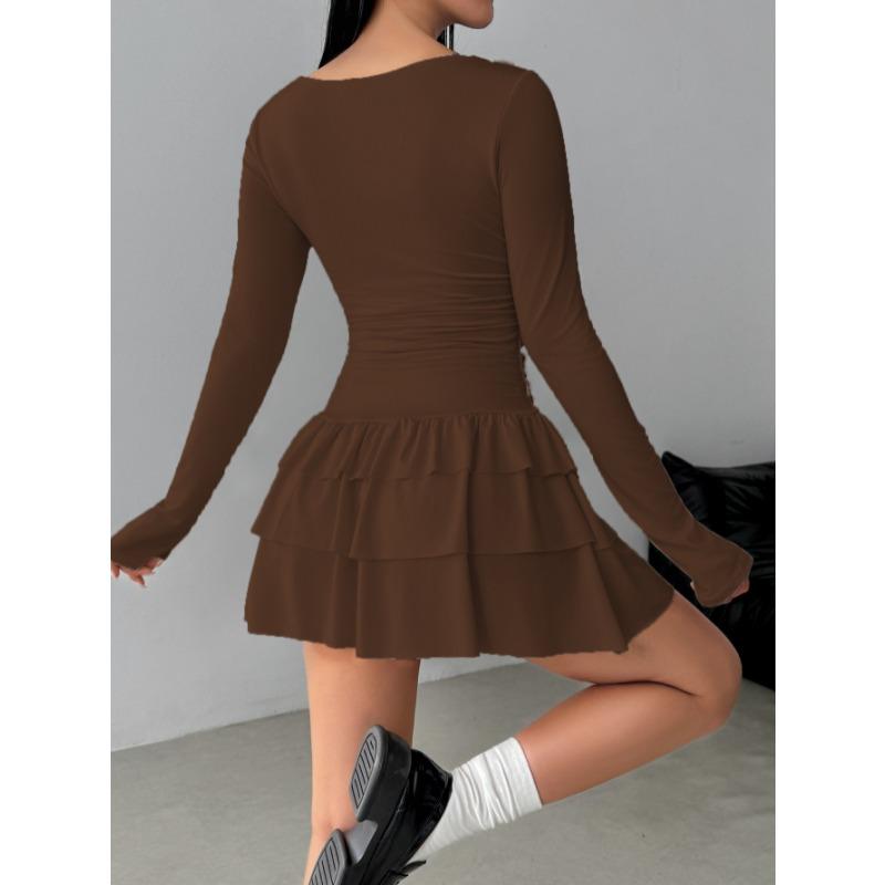 Elegantes Langarm Figurbetontes A-Linien-Stufenkleid mit Rüschen Neu Einfarbig Sexy Freizeit Party Abendkleider Damenmode Frühling Sommer Kleidung