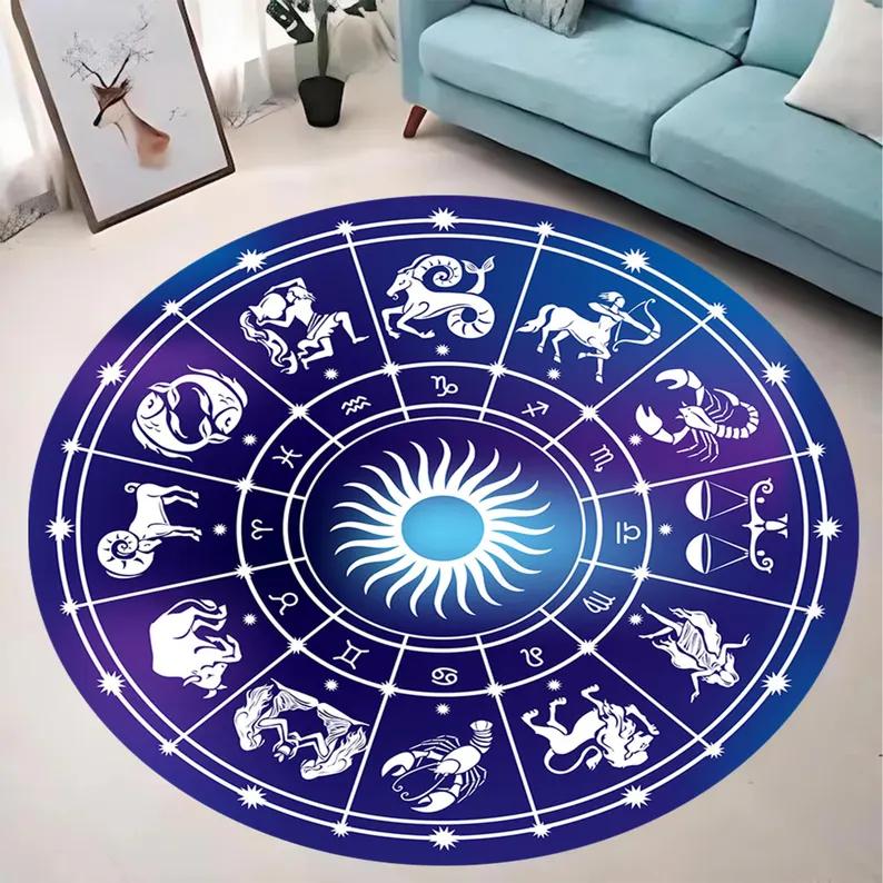 Zodiac Wheel Astrology Round Rug Purple and Blue Sun Sign Non Slip Floor Mat for Celestial Lovers