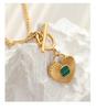 European Retro Style Heart Pendant Necklace with Green Acrylic Inlay, Gold-Plated Titanium Steel Cuban Chain