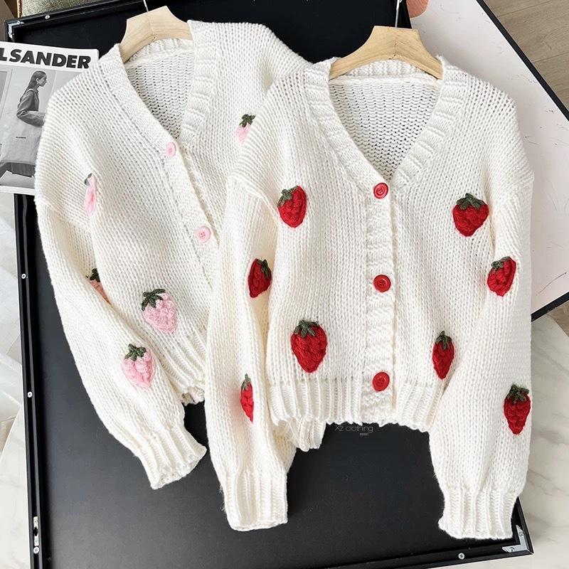 Autumn Womens Clothes Fashion Embroidery Strawberry Knitted Sweater Cardigan Sweet V-Neck Lantern Long Sleeve Loose Cardigans Coat