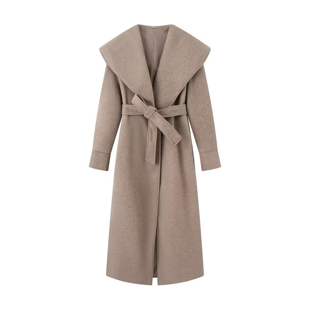 European Style Women's Woolen Coat with Belted Waist and Lapel