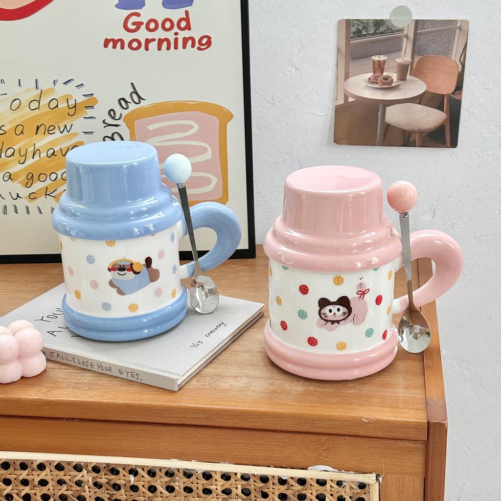Cute Polka Doll Puppy Kettle Cup Ceramic Mug with Lid Spoon Couple Home Coffee Breakfast Cup Souvenir Gift