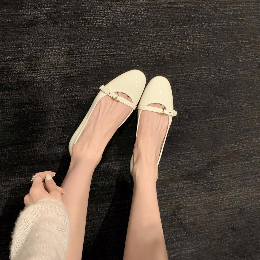 Sheepskin Version~ Letter Small Gold Buckle Shoes Soft-soled Mary Jane Shoes Women's Single Shoes Round Head Shallow Mouth Flat-soled Leather Shoes