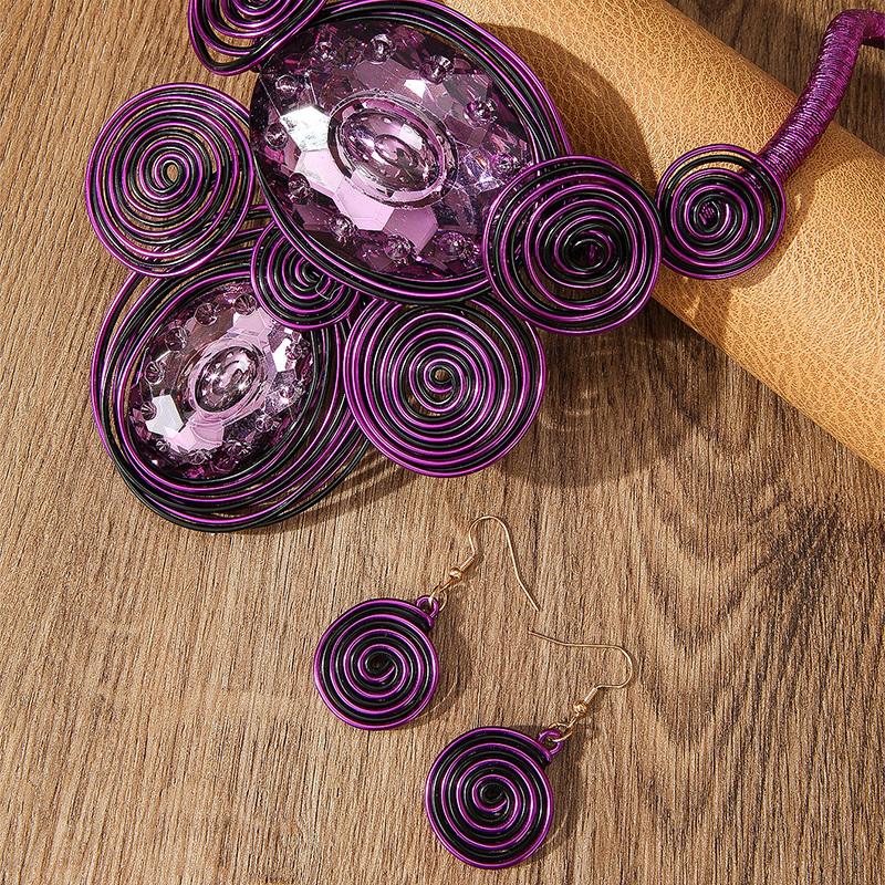 New Design Trendy Crystal Gem Aluminum Wire Handmade Woven Statement Necklace And Earring Set For Women's Banquet Accessories