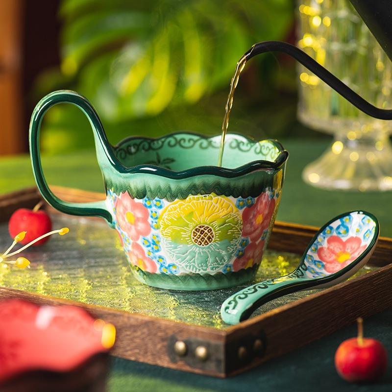 Green shadow cup ceramic mug household drinking cup office retro breakfast cup couple cup coffee cup