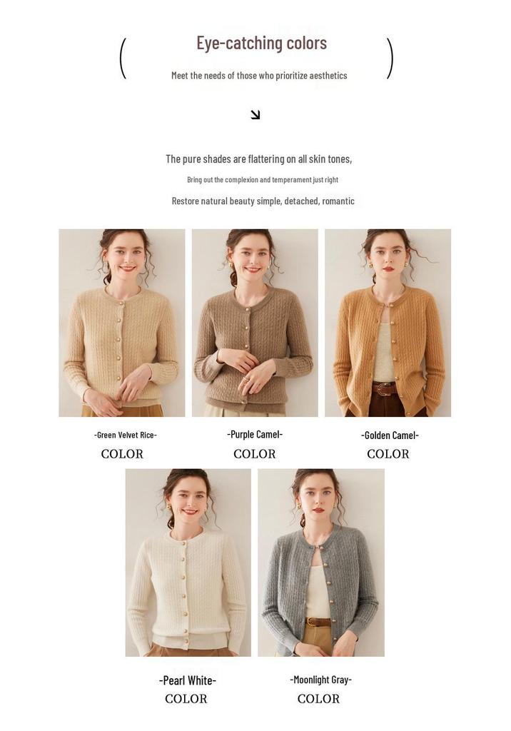 Women's Round Neck Single-Breasted Wool Cardigan - Autumn/Winter Cable Knit Long Sleeve Sweater Jacket