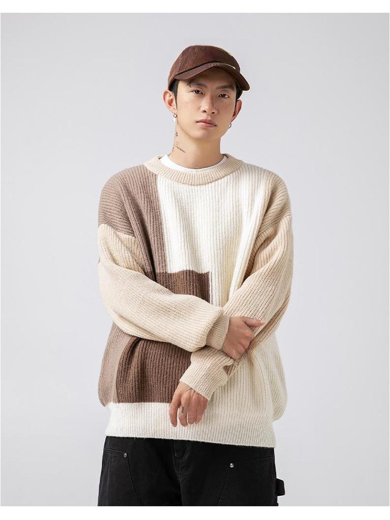 Unisex Color Block Striped Sweater - Japanese Style, Heavy Knit for Fall/Winter