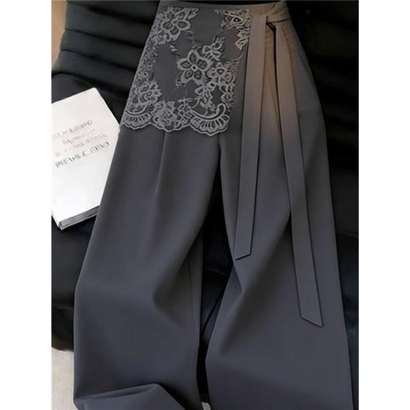 Damen High Waist Weites Bein Anzugshose Spitze Fake Zweiteiler Design Krawattenband Dekoration Locker Gerade Hose Elegante Büro Stoffhose
