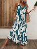 Ladies Lake Blue Abstract Ink Printing V-neck Thin Suspender Long Dress Loose Pendant Big Pendulum Vacation Leisure Beach