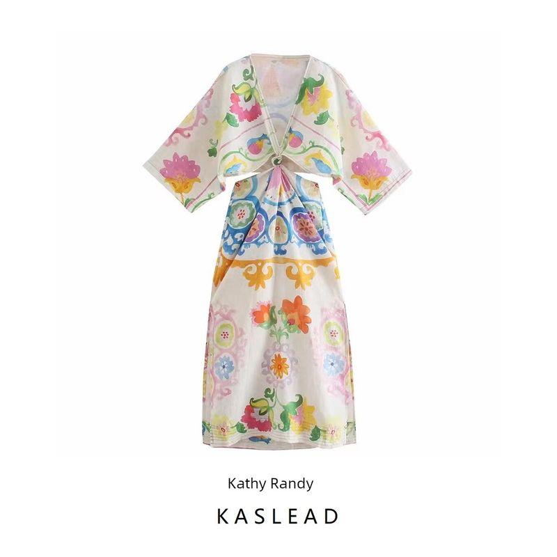 Kaslead New Women Clothes Western Style Print Pattern Slimming Dress Design Sense Long Dress