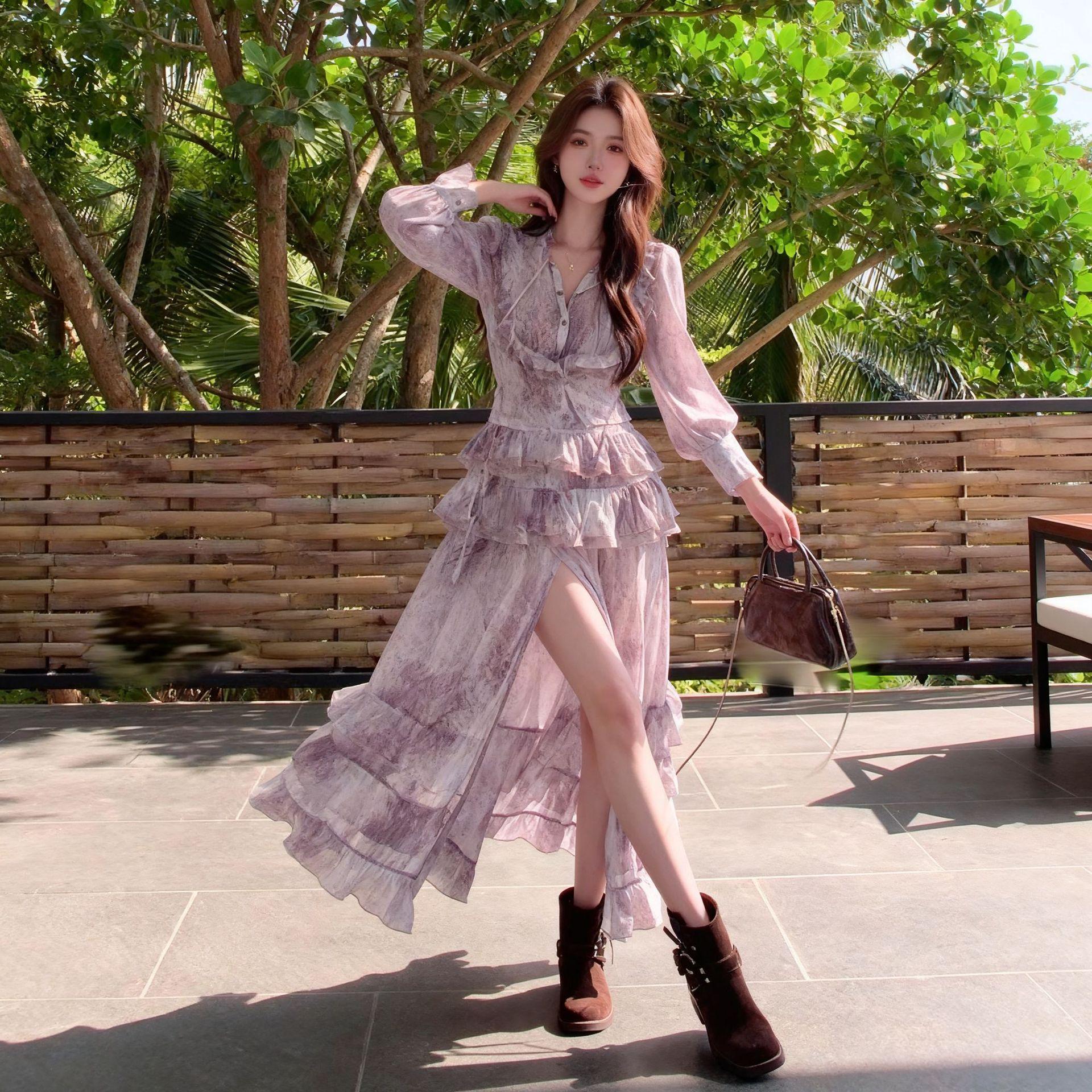 

Huahua Spring Day French Wood Ear Chiffon Leopard Print Shirt and Slit Skirt Set M