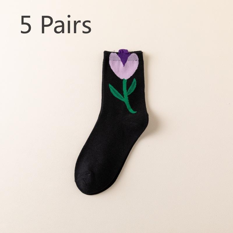 

5 пар модных хлопковых носков длиной до середины икры с маленькими ушками и цветами для женщин на осень и зиму 5 Pairs фиолетовый/чёрный