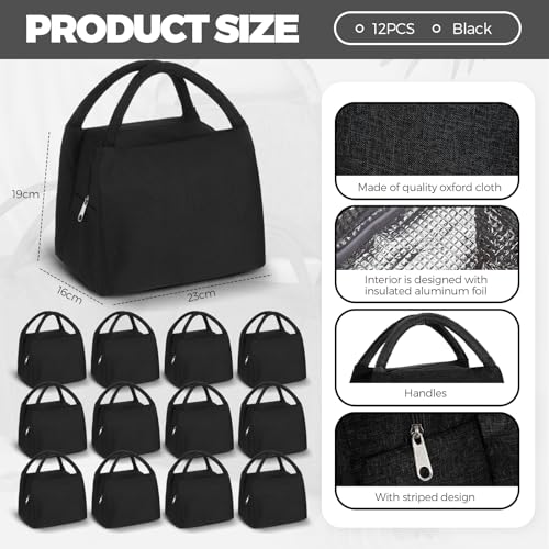 Insulated Lunch Bag Black 23x13x19cm Portable Handle Zipper Closure Thermal Cooler Food Container