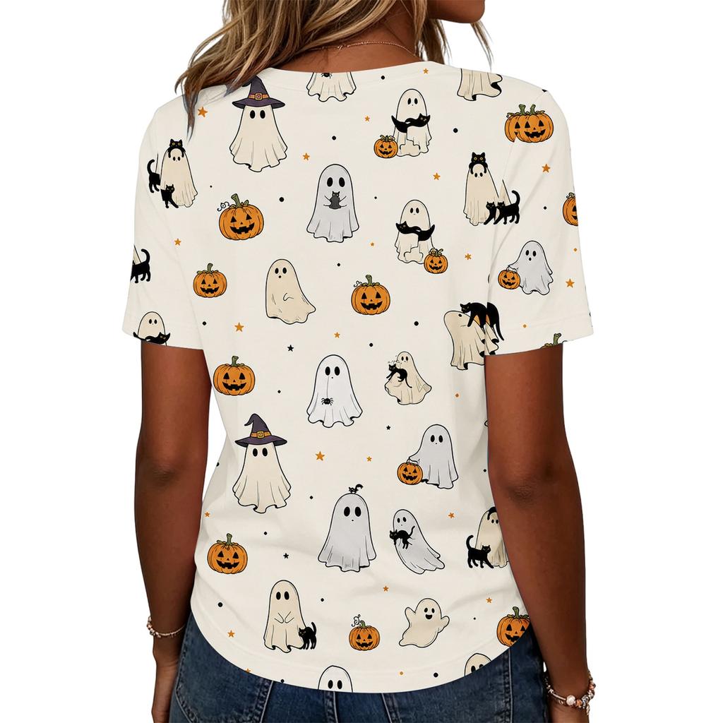 Women's Casual Loose Fit Halloween Print T-Shirt Short Sleeve Crew Neck Top Comfortable Lightweight Fabric All Over Graphic Design