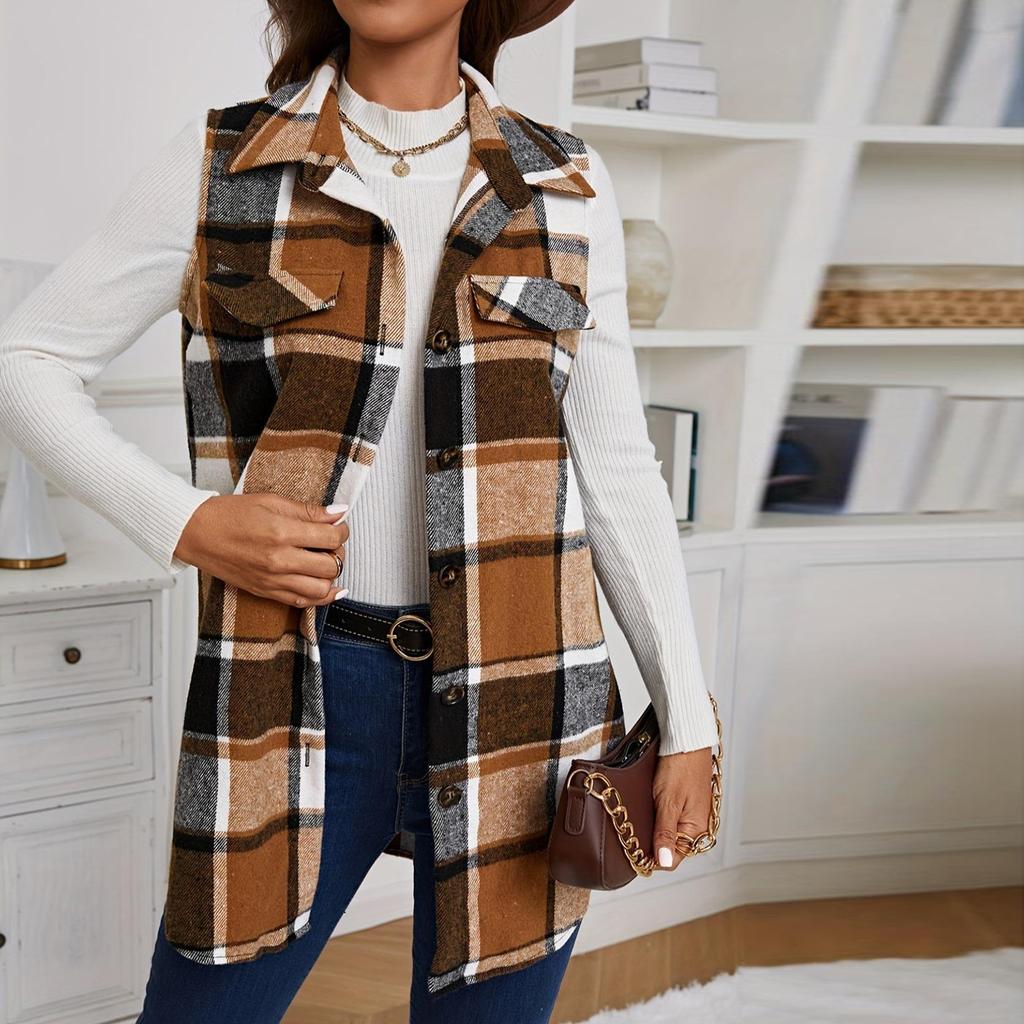 Women's Fashion Casual Tank Top Long Plaid Button-down Vest with Pocket Jacket