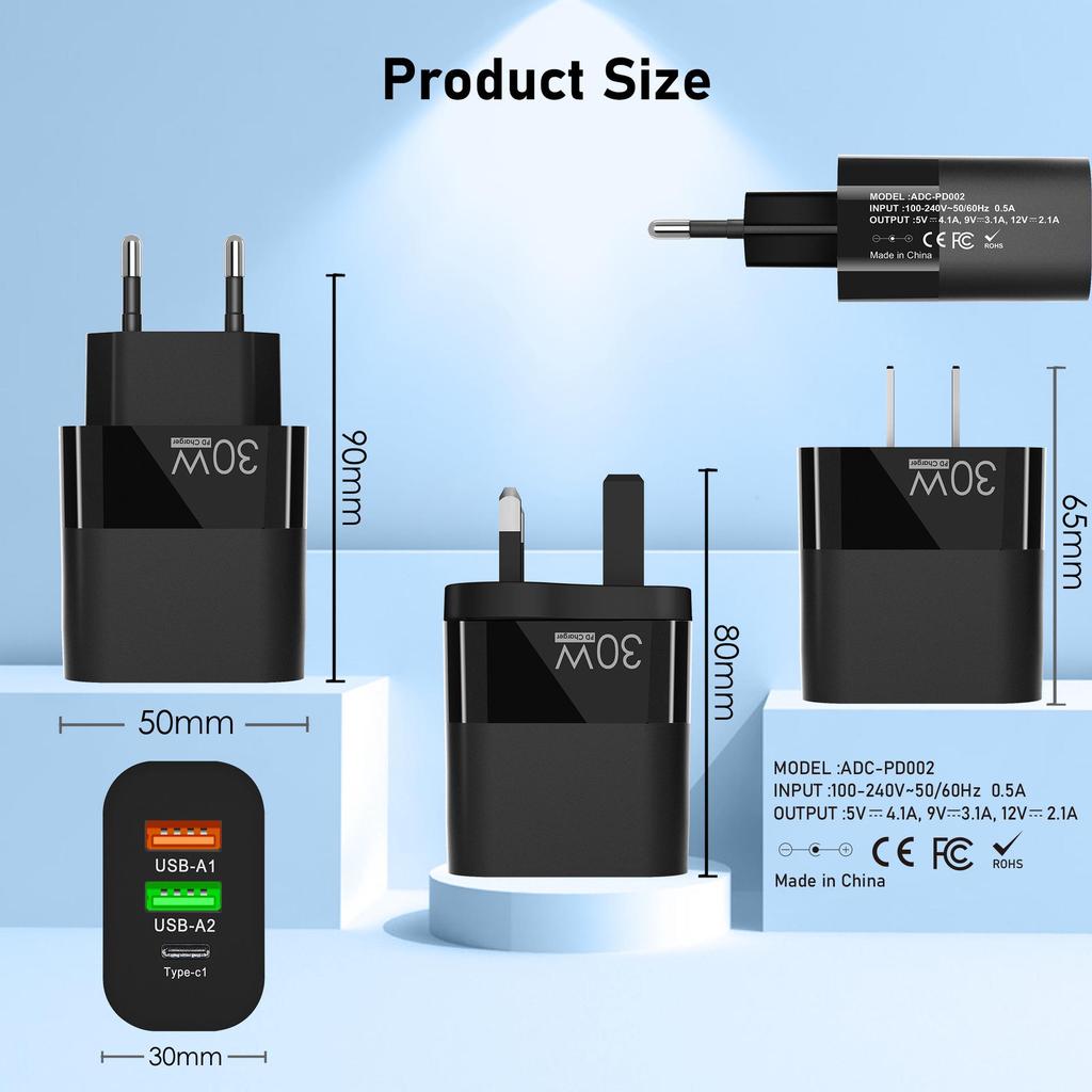 QC3.0 Multi-Port Charger: 2A+C, PD30W, European Standard, Fast Charging, Multi-Protocol