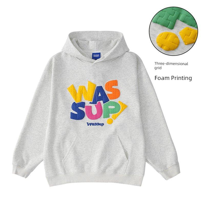 Wassup Trendy American-Style Heavyweight Letter Foam Sweatshirt for Men, Autumn and Winter Loose Fit Versatile Hooded Top Jacket