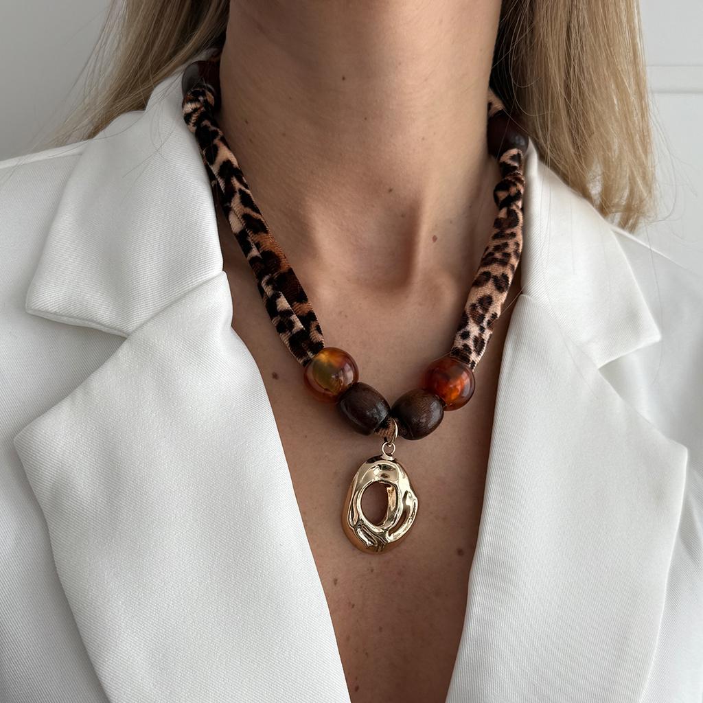 SHIXIN Vintage Leopard Print Velvet Acrylic Beads Choker Necklace Women New Trendy Hollow Irregular Geometric Pendant Necklace