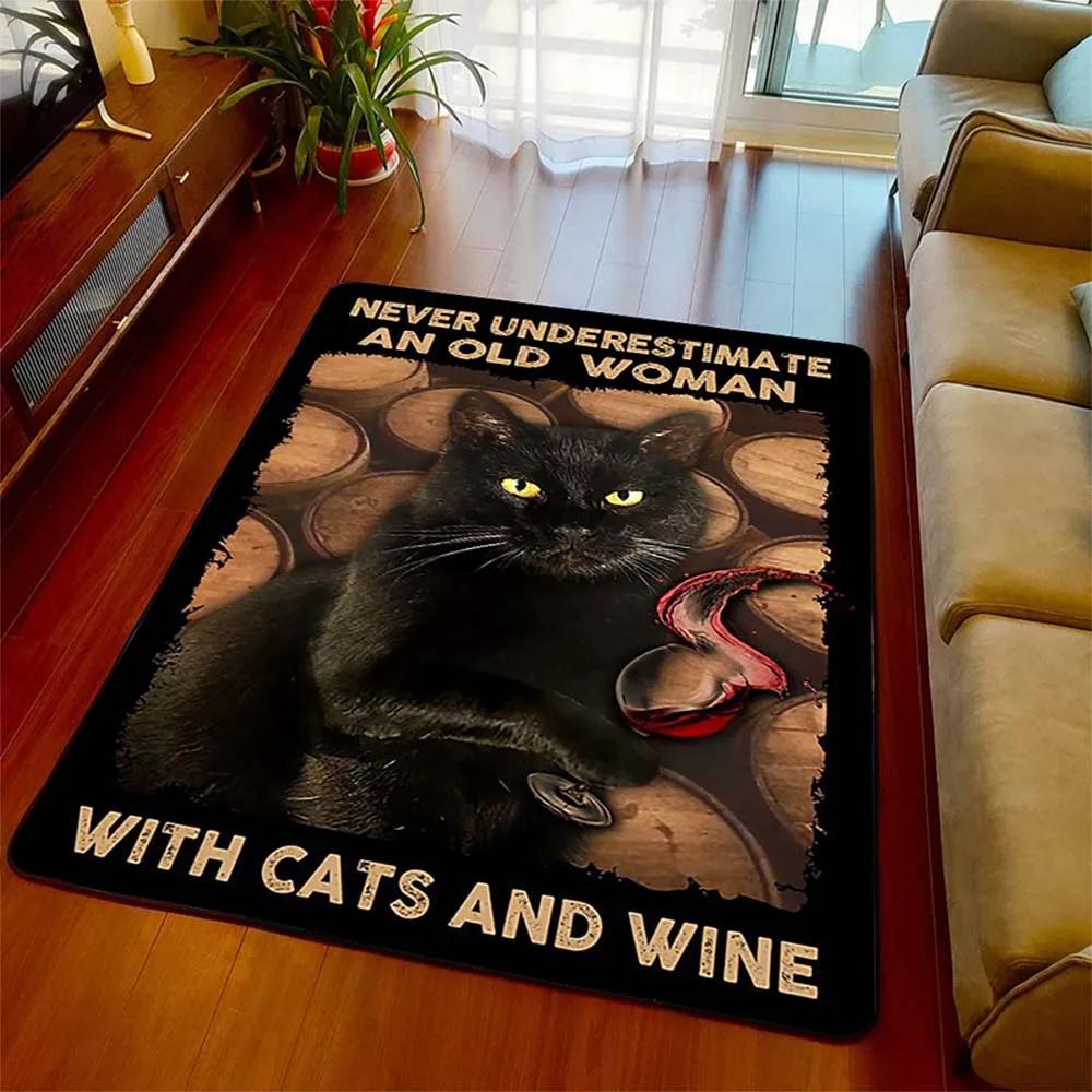Schwarze Katze Retro Bereichsteppich Teppich Wohnzimmer Heimdeko Sofa Teppich Rutschfest Stuhlkissen Lounge Matte Halloween Hexen Dekoration
