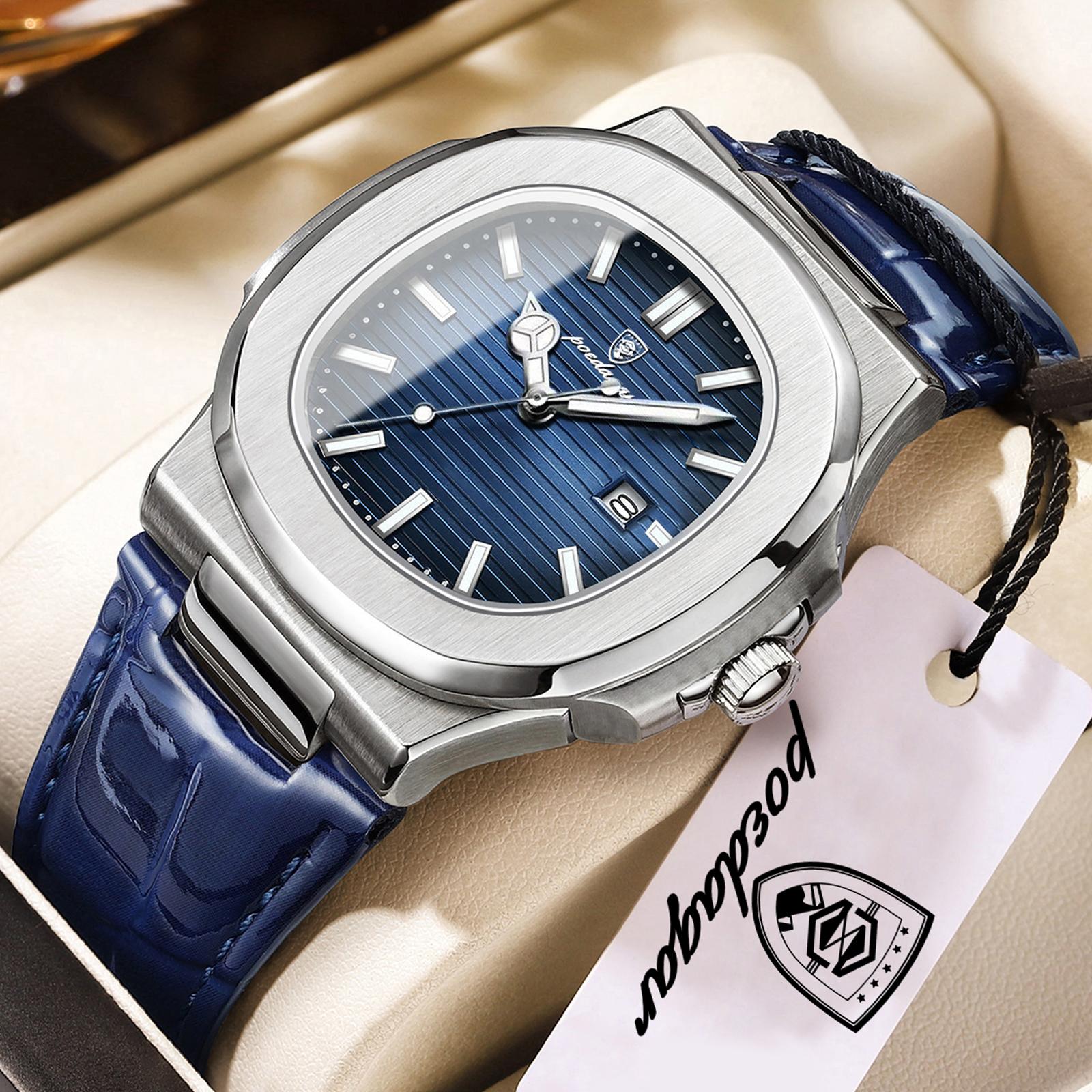 

POEDAGAR Top Square Man Watch Date Waterproof Luminous Luxury Wristwatch High Quality Leather Quartz Watches+Box Reloj синий/серебряный