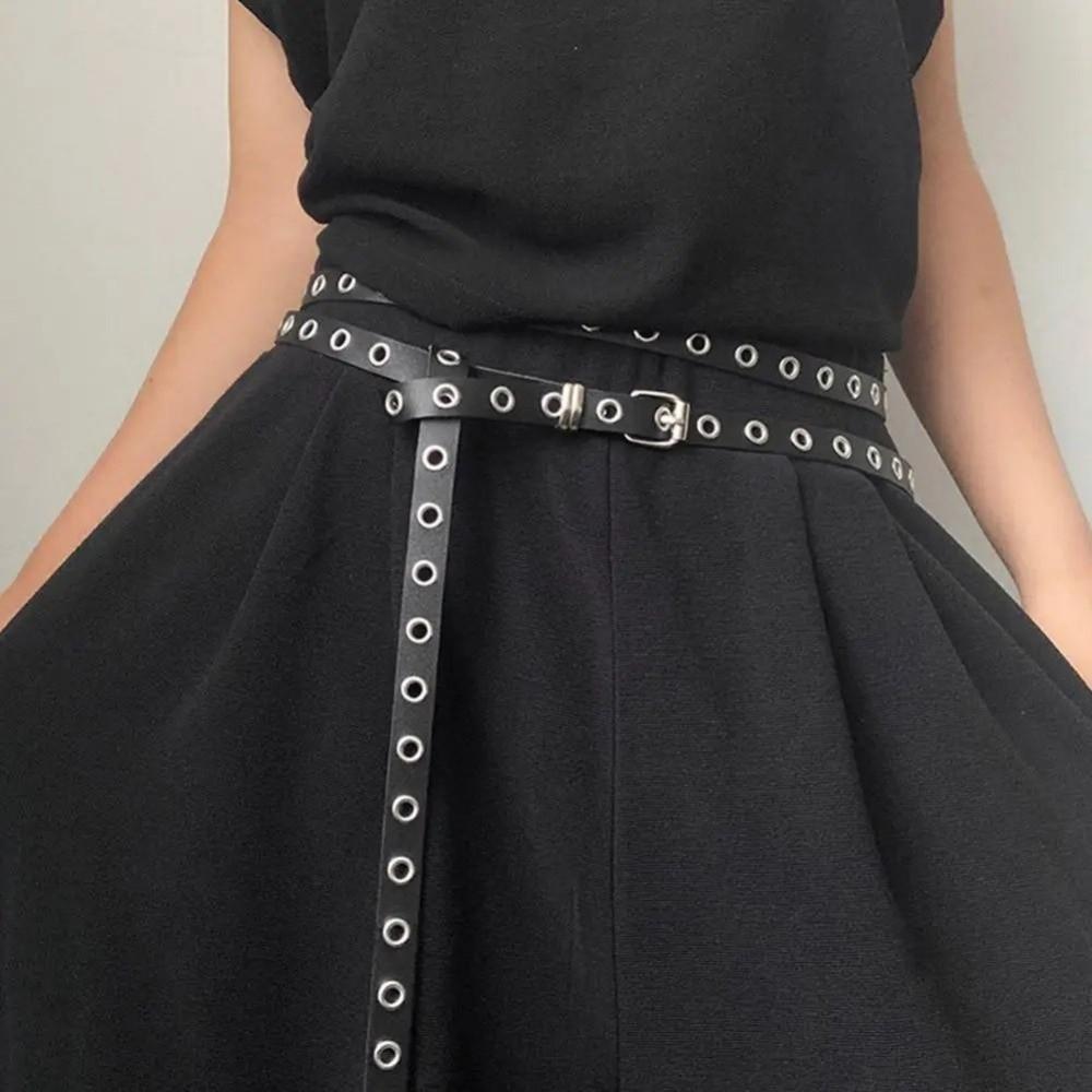 Adjustable Double Loop Thin Belt High Quality Double Layer Rivet Eyelet Buckle Belts PU Leather Waist Chain Dress Accessories