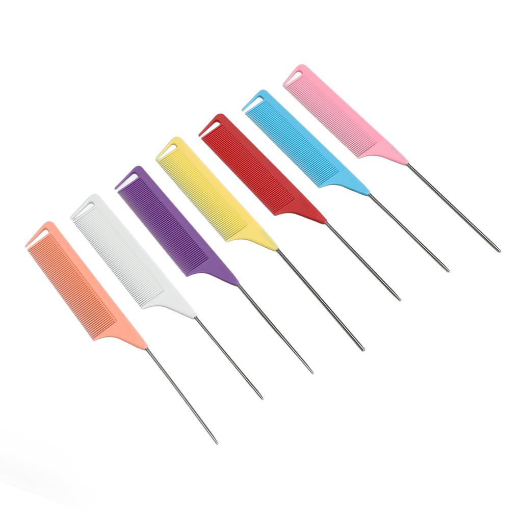 7 Colors Rat Tail Comb Set Fine Tooth Hairdressing Stainless Steel Pintail Heat Resistant Tail Parting Comb