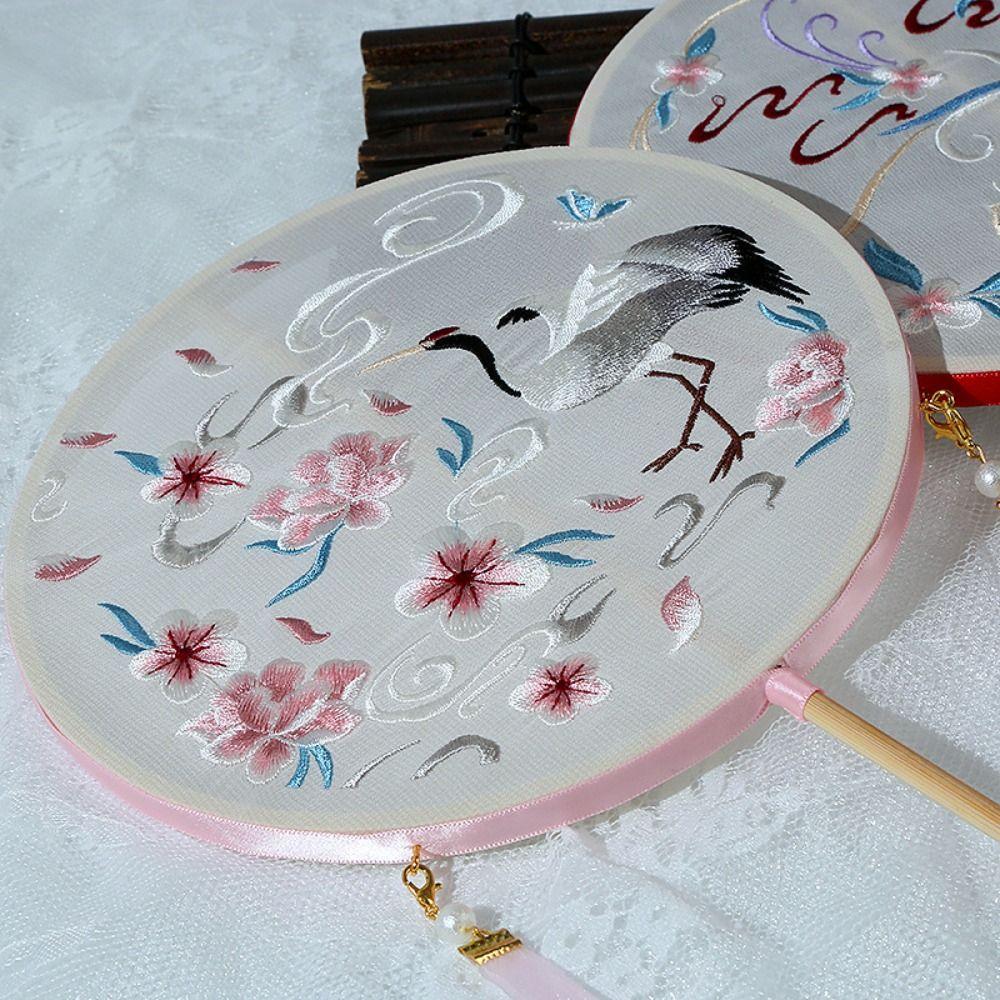 Embroidered Long Handle Silk Fan Vintage Hanfu Hand Fan Chinese Style Round Fan  Women