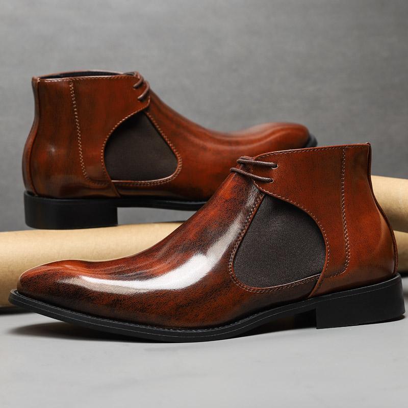 2025 Mens Classic Business Patent Leather Chelsea Boots Pointed Ankle Boots Men Comfy Casual British Style Short Boots