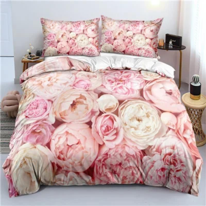 Red Floral King Queen Full Duvet Cover 3D Romantic Flowers Bedding Set For Kids Teens Adults Plant Grey 2/3pcs Soft Quilt Cover