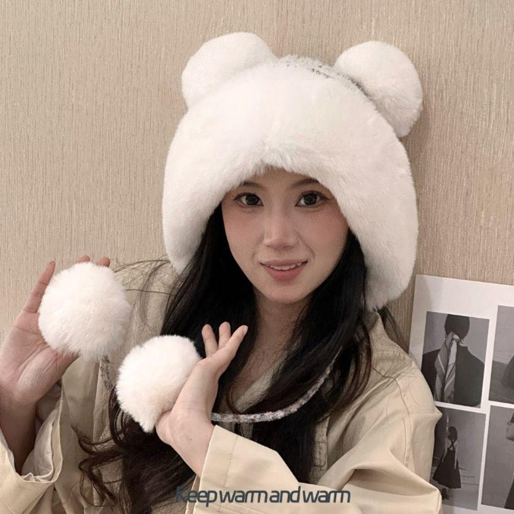 Thickened Plush Pompom Balls Cap Cute Ears Winter Warm Hat New Ear Protection Cap Autumn Winter