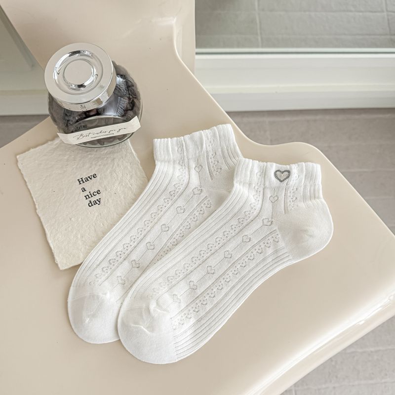 Sock Set - Spring/Summer - Heart Embroidery - Versatile - Stretch-Free - Solid Color - Mesh - Breathable - Short Tube - Boat Shoes - Cotton