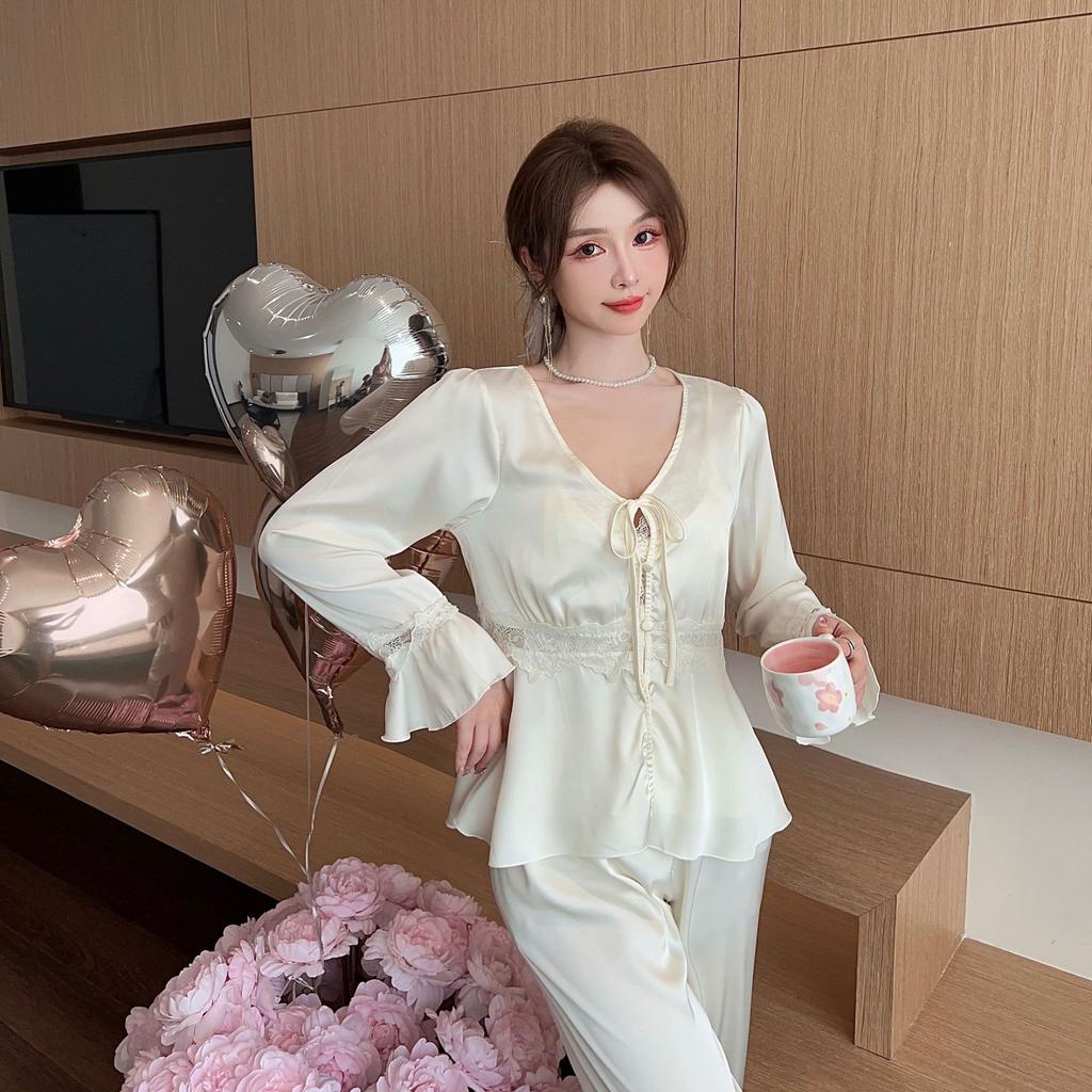 Sexy Pajamas Women's Ice Ribbon Chest Pad Lace Pure Desire Suspender Pajamas Three-piece New Loungewear