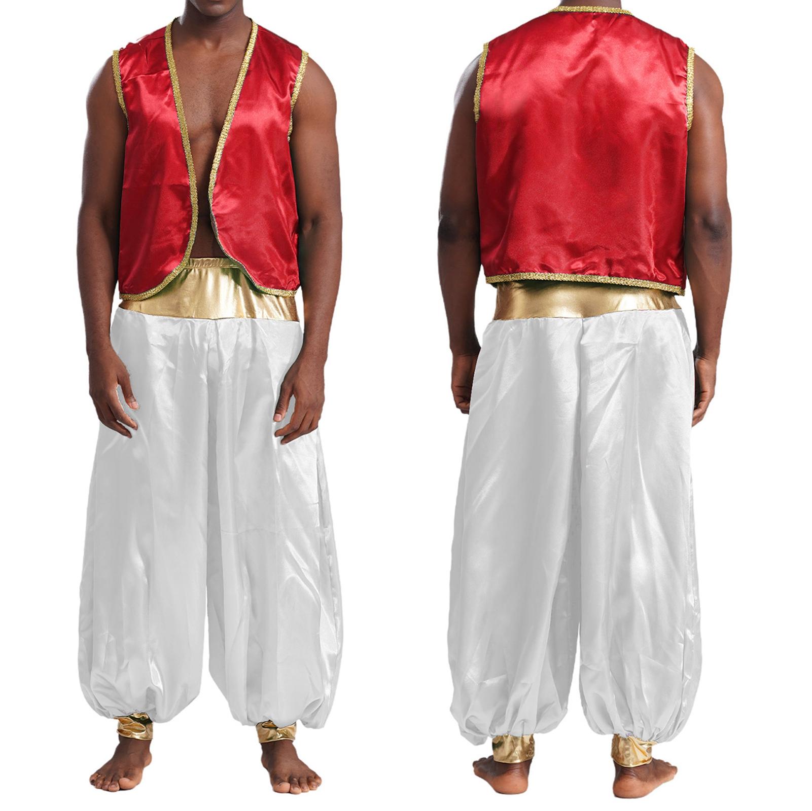 Gilet Prince Arabe Homme Tacheté Bordure Dorée Brillante Gilet Ouvert Devant Costume Cosplay Indien avec Pantalon Long pour Carnavals M red