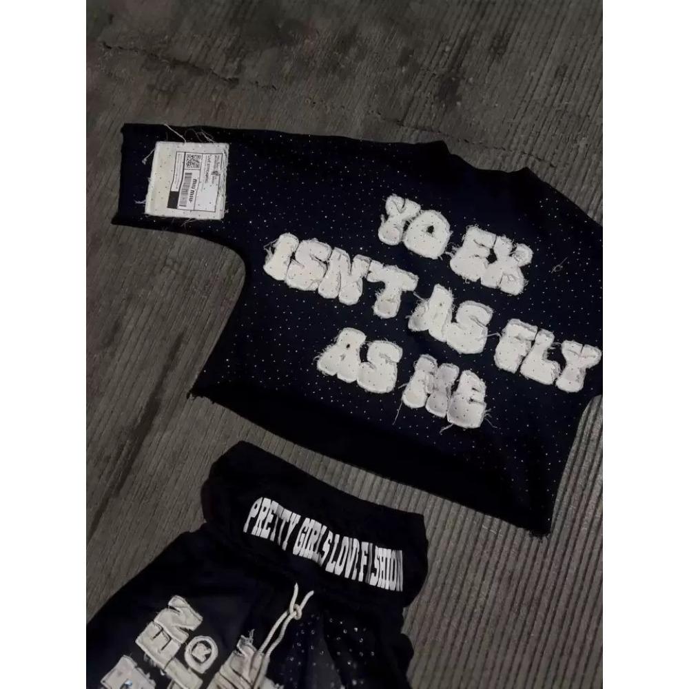 RogueWave Gothic Letter Patchwork Y2k Clothes for Men Hip Hop Retro Sequin Striped T Shirt