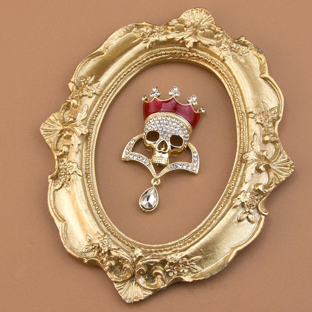 Fashion Women Skull Brooch Gold Color Rhinestone Halloween Jewelry Water Droplet Pendant Hiptop Rock Punk Hell Badge