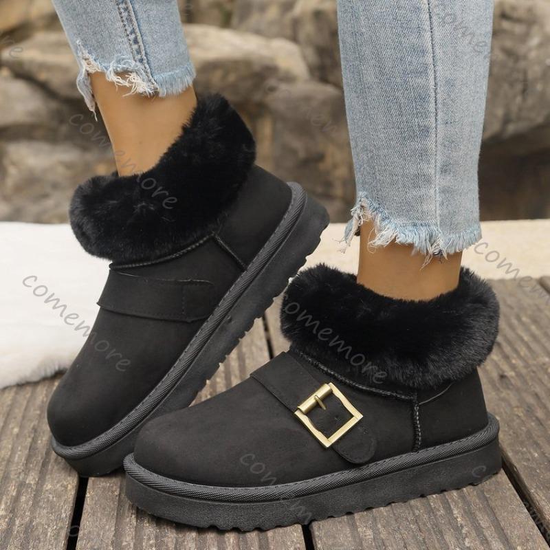 Comemore Thick Bottom Snow Boots Women Winter New Velvet Thickened Warm Round Head Ankle Boots Casual Flat Plush Cotton Shoes