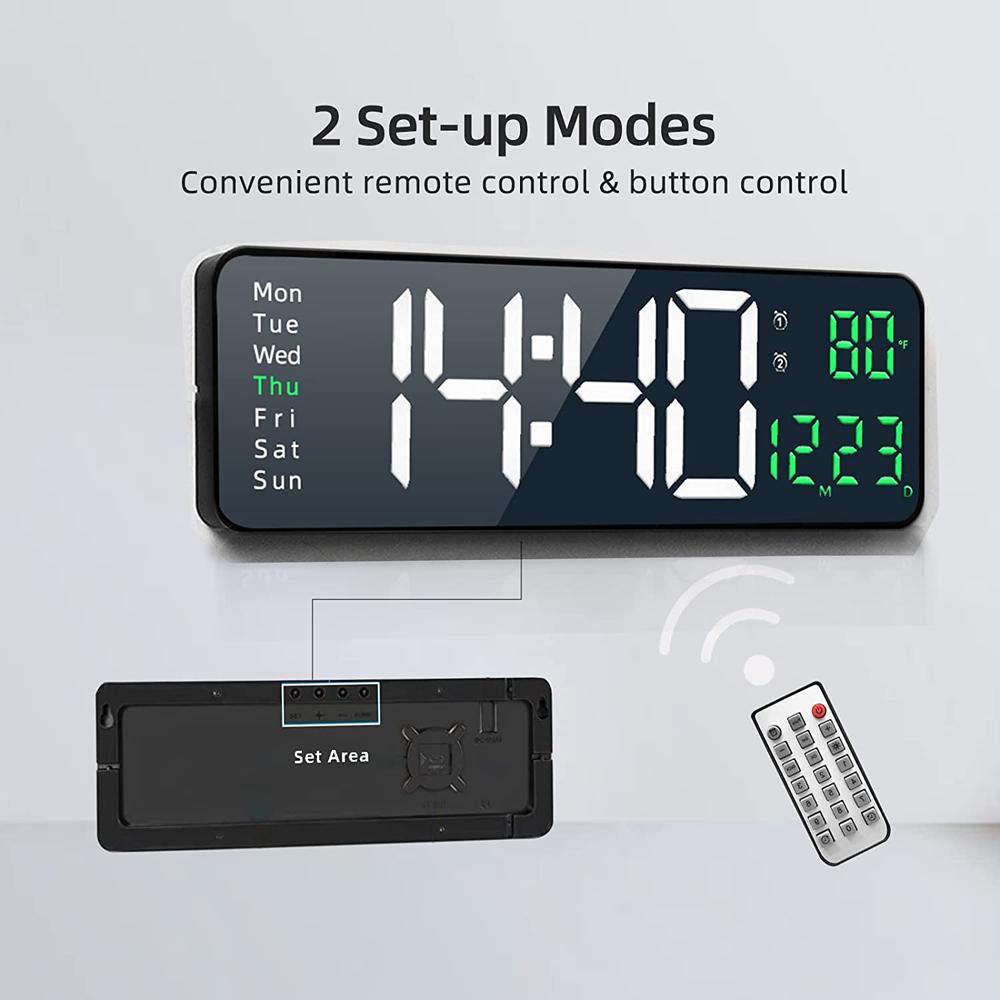Digital Wall Clock 16inch Large Alarm Clock Remote Control Date Week Temperature Clock Dual Alarms LED Display