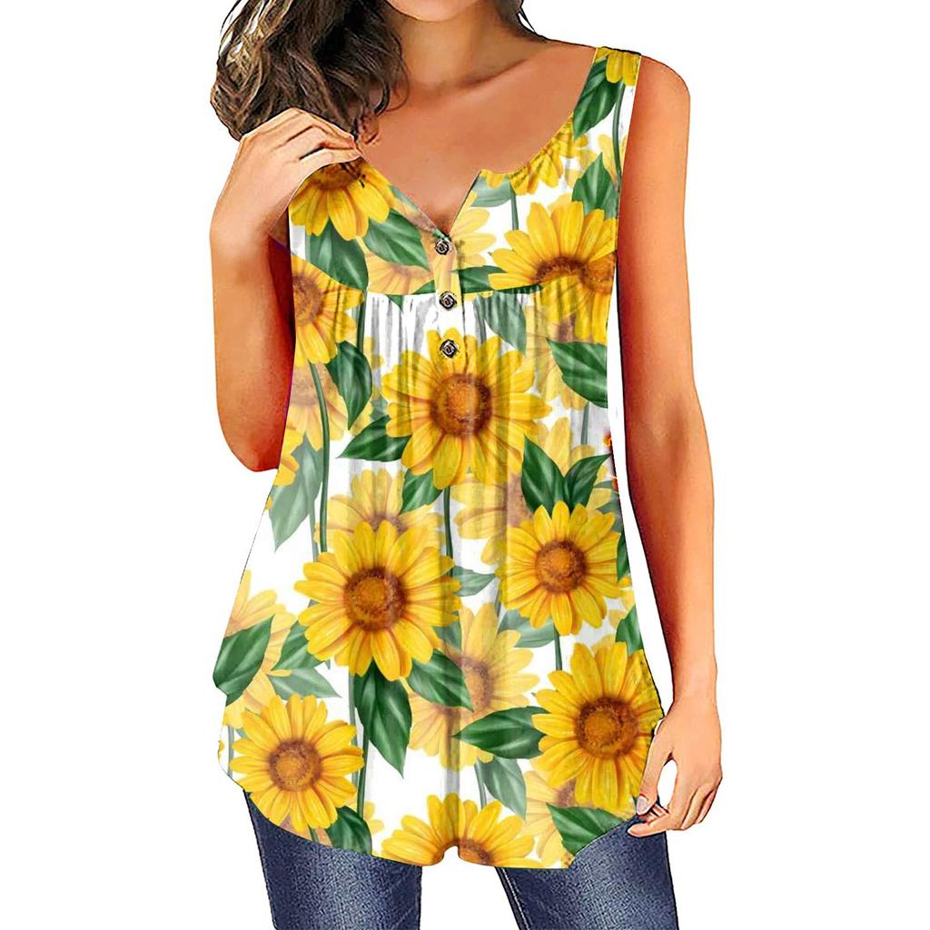 Women's Fashion Floral Printing Pleated Sleeveless Casual T-shirt Vest Button Top