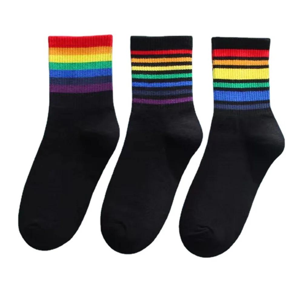 3 Pairs Rainbow Cotton Socks Women High Quality Cotton Socks Street Ins Fashion Stripe Stacked Mid Tube Sports Sokken