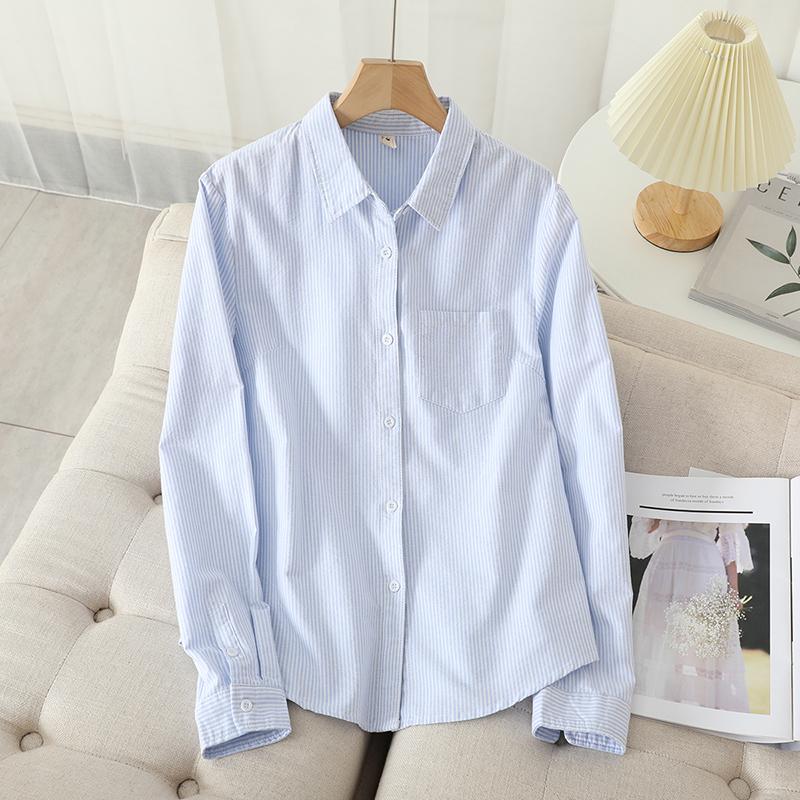 Casual Cotton Women's Oxford Shirt Autumn Good Quality Woman Blouse and Tops Lady White Blue Striped Shirts Clothes