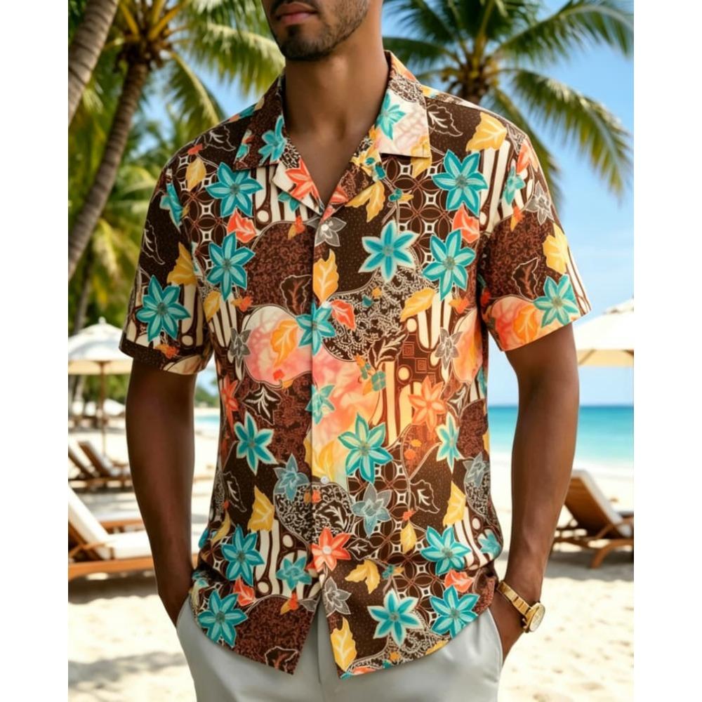 Męska koszula z tropikalnym kwiatowym wzorem, vintage, batik, letnia, casualowa, plażowa